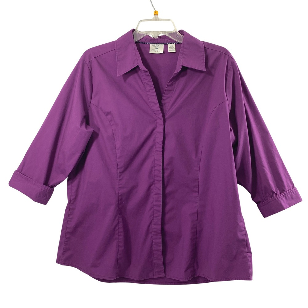 Riders by Lee Shirt Womens XXL Purple Easy Care 3/4 Sleeve Button Up Casual Top